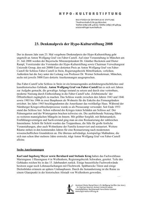23. Denkmalpreis der Hypo-Kulturstiftung 2008 - Kunsthalle der ...