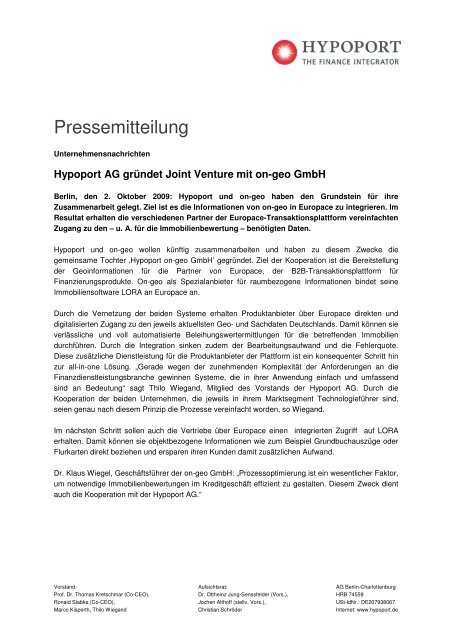 Hypoport AG grÃ¼ndet Joint Venture mit on-geo GmbH