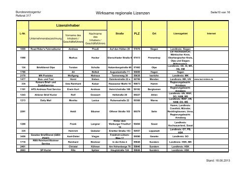 Regionale Lizenzen (pdf, 72 KB) - Bundesnetzagentur