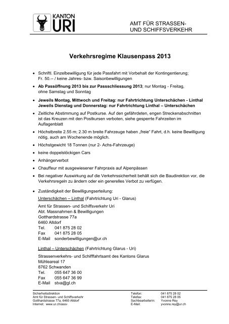 Verkehrsregime Klausenpass 2013 - Kanton Glarus