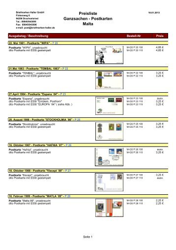 Preisliste Ganzsachen - Postkarten Malta - Briefmarken HALLER
