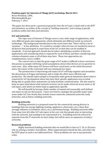 Position paper for Internet of Things (IoT) workshop, March 2011 ...