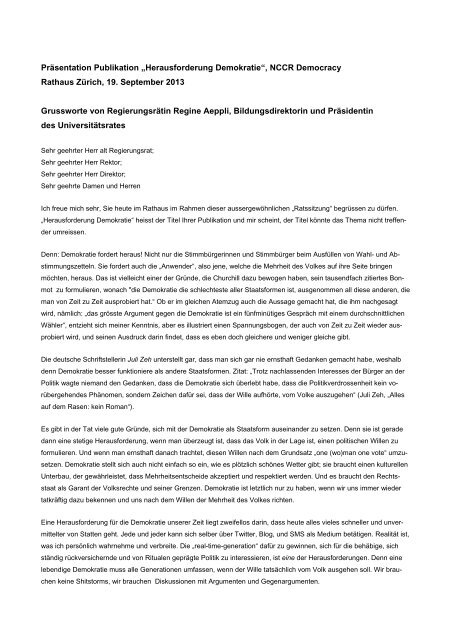 PrÃ¤sentation Publikation â€žHerausforderung Demokratieâ€œ, NCCR ...