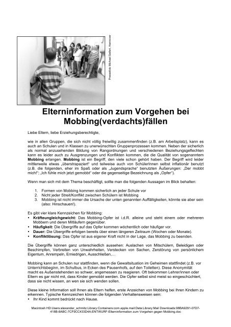 Elterninformation zum Vorgehen bei Mobbing(verdachts)fÃ¤llen