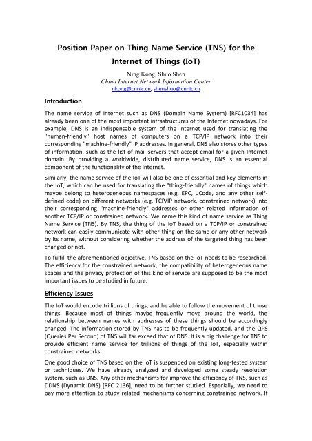 Position Paper on Thing Name Service (TNS) - Internet Architecture ...