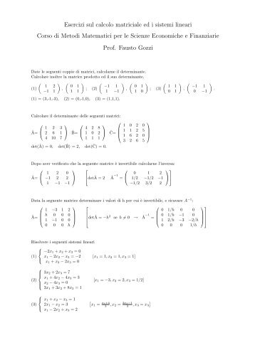Esercizi sul calcolo matriciale ed i sistemi lineari Corso di Metodi ...