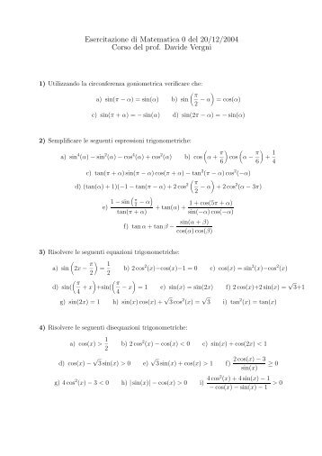 Esercitazione di Matematica 0 del 20/12/2004 Corso del prof ...