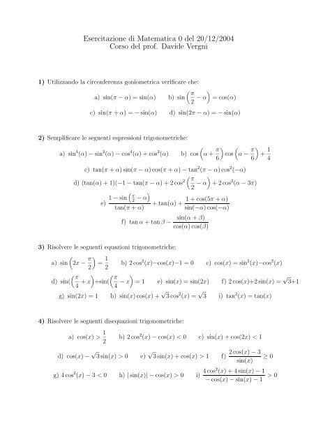 Esercitazione di Matematica 0 del 20/12/2004 Corso del prof ...