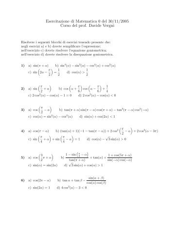 30/11/2005: Esercizi su equazioni e disequazioni trigonometriche.