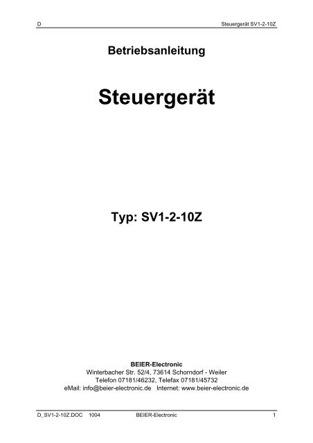 Betriebsanleitung Steuerger t Typ SV1 2 10Z Beier Electronic