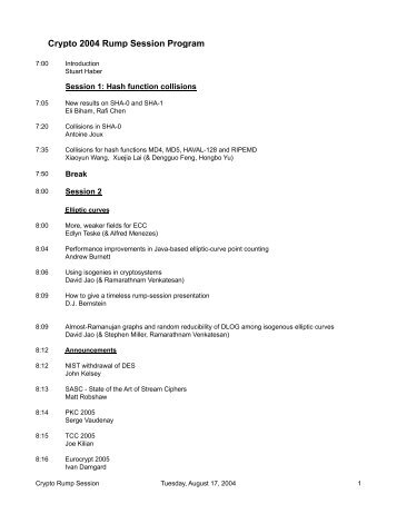 Crypto 2004 Rump Session Program