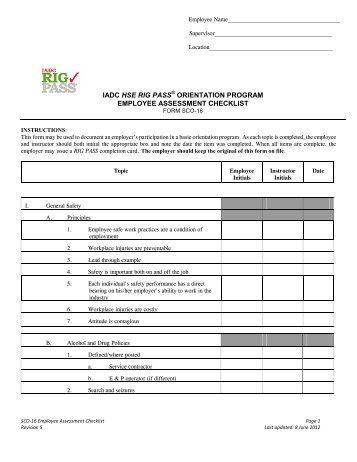 iadc hse rig pass orientation program employee assessment checklist