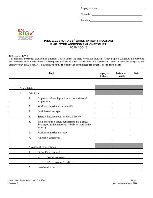 iadc hse rig pass orientation program employee assessment checklist