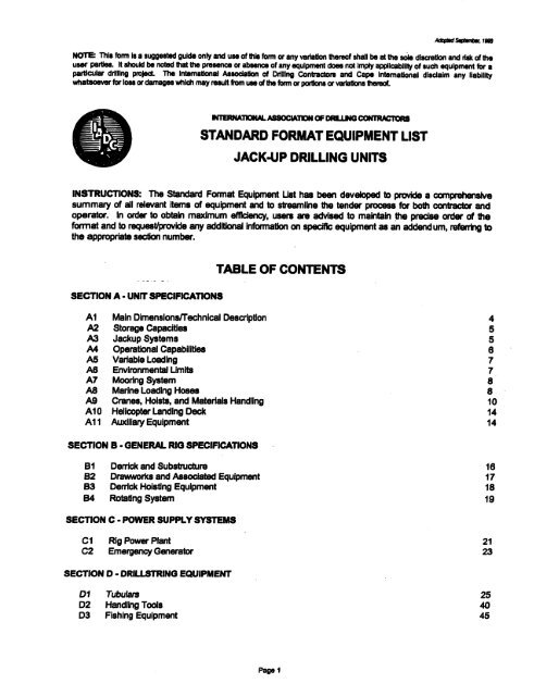 IADC Standard Format for Equipment Lists - Jackup