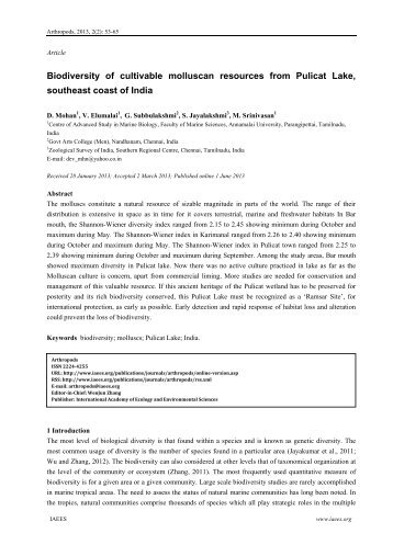 Biodiversity of cultivable molluscan resources from Pulicat Lake ...