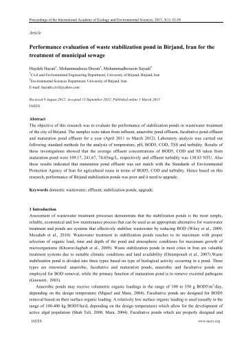 Performance evaluation of waste stabilization pond in Birjand, Iran ...