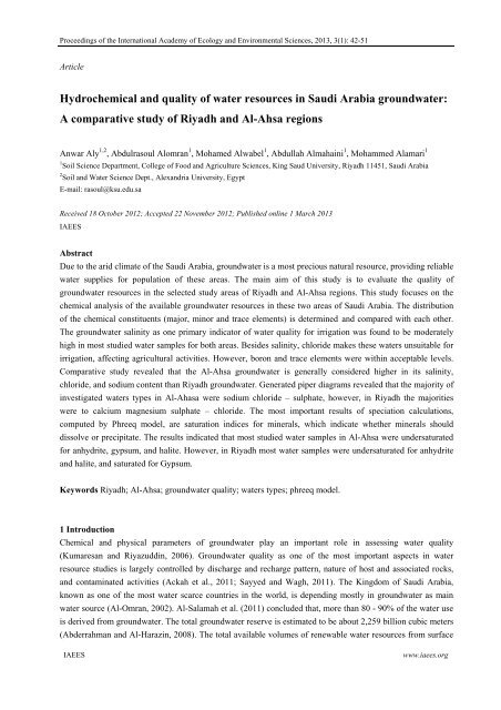 Hydrochemical and quality of water resources in Saudi Arabia ...