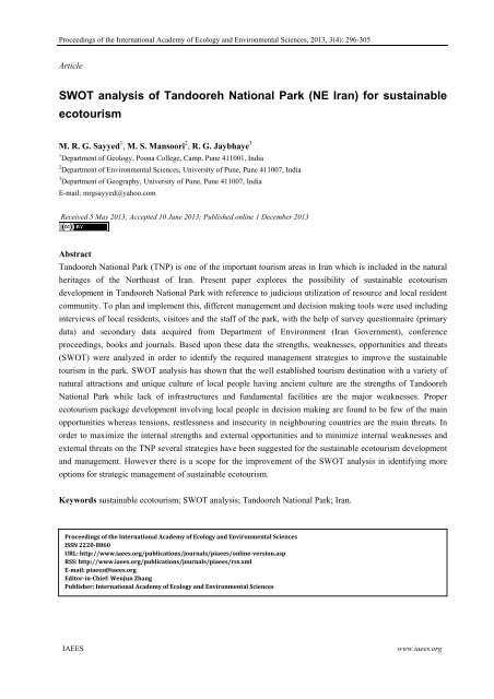 SWOT analysis of Tandooreh National Park (NE Iran) for sustainable ...