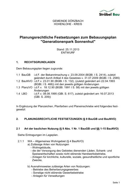 Planungsrechtliche Festsetzungen zum Bebauungsplan - Gemeinde ...