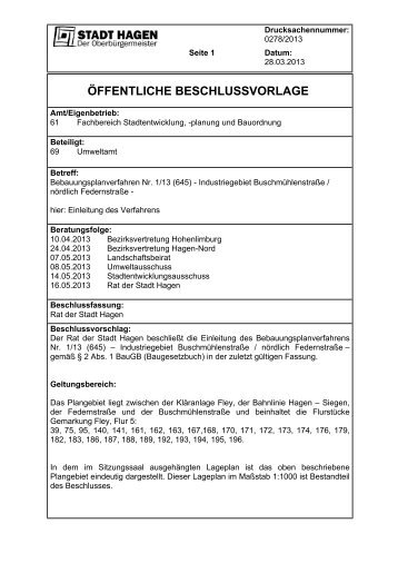 Beschlussvorlage Einleitung Bebauungsplan - Hagen