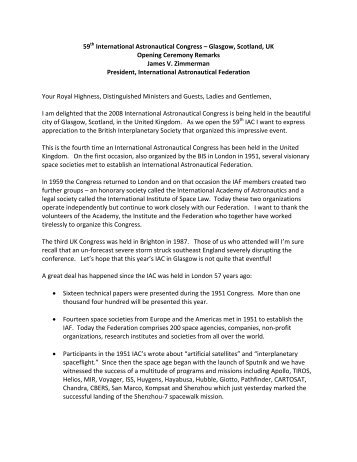 Transcript of James Zimmerman's speech - IAF home page