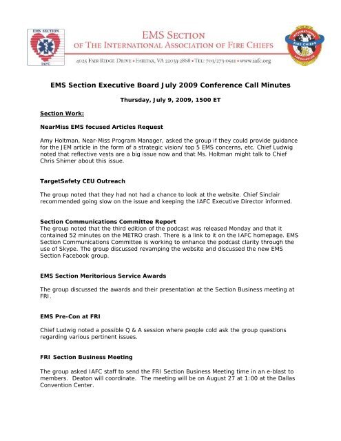 EMS Section Executive Board July 2009 Conference Call Minutes