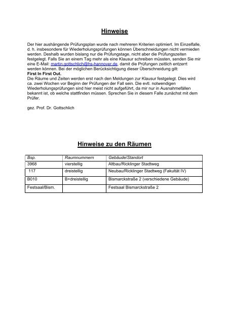 Klausurenplan WS 2013/2014 - FakultÃ¤t II - Hochschule Hannover