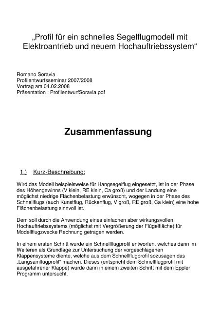 Profil fÃ¼r ein schnelles Segelflugmodell mit Elektroantrieb und ... - IAG