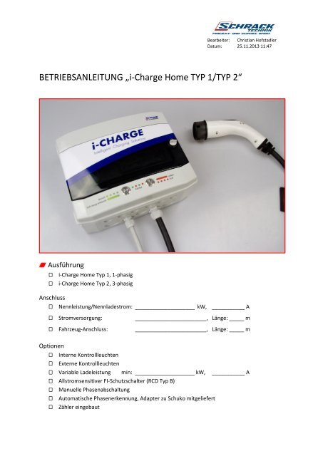 BETRIEBSANLEITUNG â€ži-Charge Home TYP 1/TYP 2â€œ - Schrack