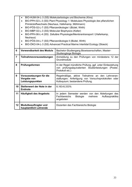 Modulhandbuch (Reformierter Studiengang) - Fachbereich Biologie