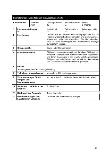 Modulhandbuch (Reformierter Studiengang) - Fachbereich Biologie