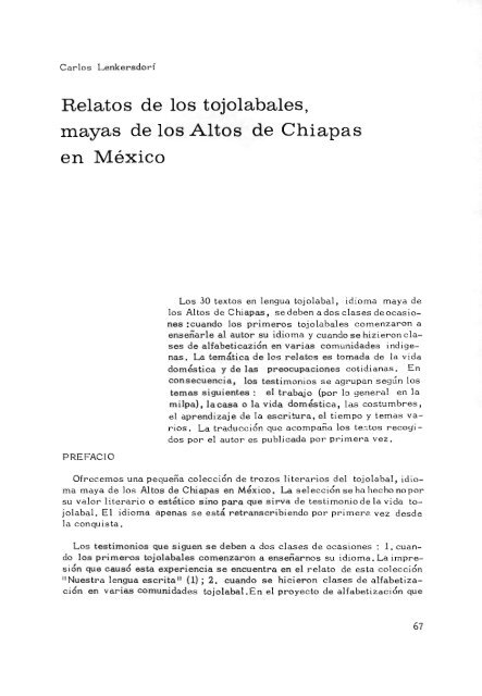 Relatos de los tojolabales, mayas de los Altos de Chiapas en MÃ©xico