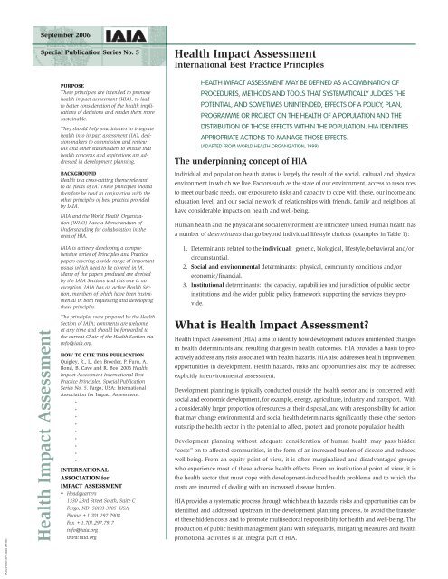 Health Impact Assessment: international best practices principles.