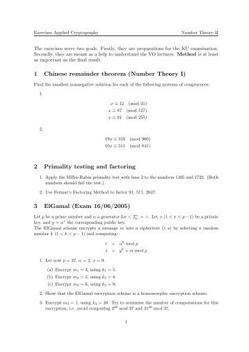 1 Chinese remainder theorem (Number Theory I) 2 Primality testing ...