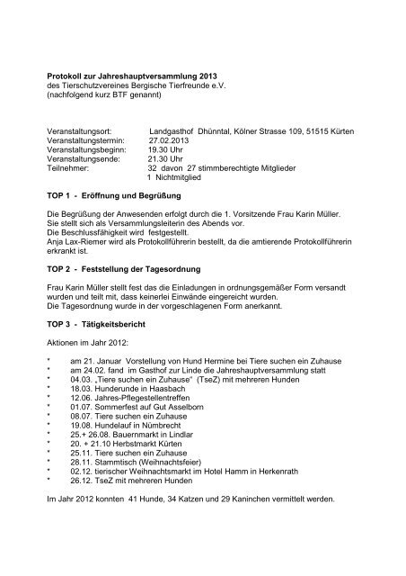 Protokoll zur Jahreshauptversammlung 2013 - bergische tierfreunde ...
