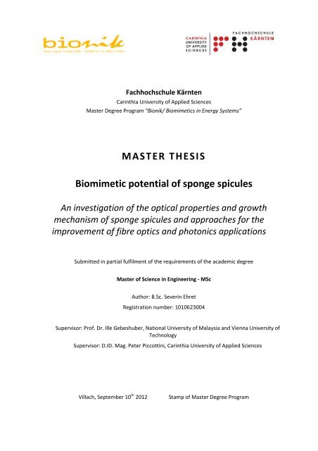 MASTER THESIS Biomimetic potential of sponge  - IAP/TU Wien