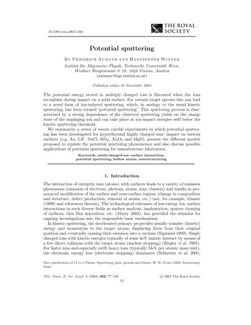 Potential sputtering - IAP/TU Wien - Technische Universität Wien