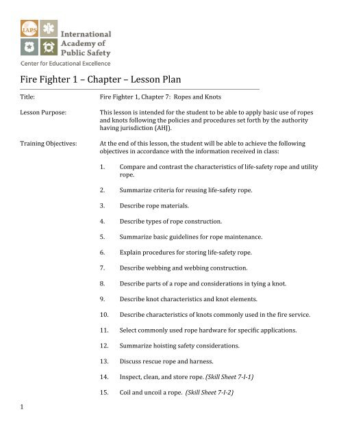 Firefighter 1 Chapter 7 ropes and knots lesson plan with