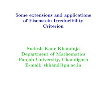 Some extensions and applications of Eisenstein Irreducibility ...