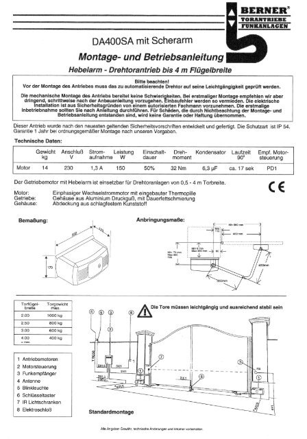 Betriebsanleitung DA400SA inkl. PD1 - bei Berner Torantriebe