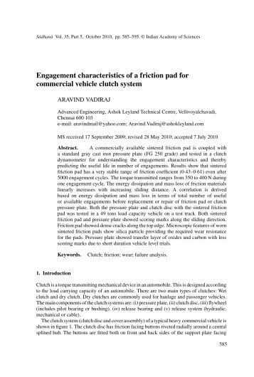 Engagement characteristics of a friction pad for commercial - Indian ...