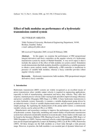 Effect of bulk modulus on performance of a hydrostatic transmission ...