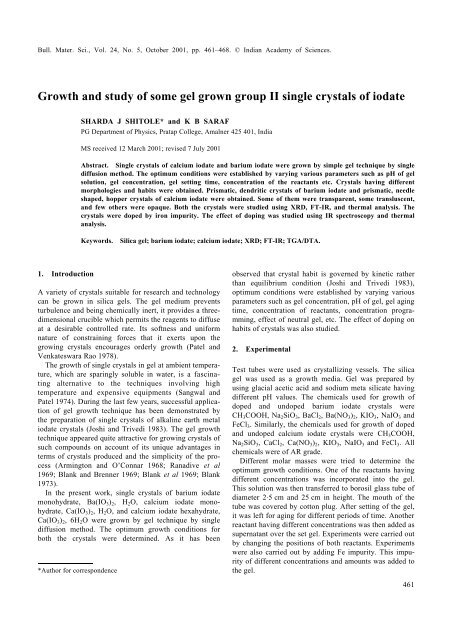 Growth and study of some gel grown group II single crystals of iodate