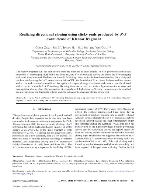 Realizing directional cloning using sticky ends produced by 3′-5 ...