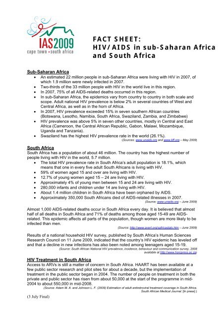 FACT SHEET: HIV/AIDS in sub-Saharan Africa and South ... - Forgood
