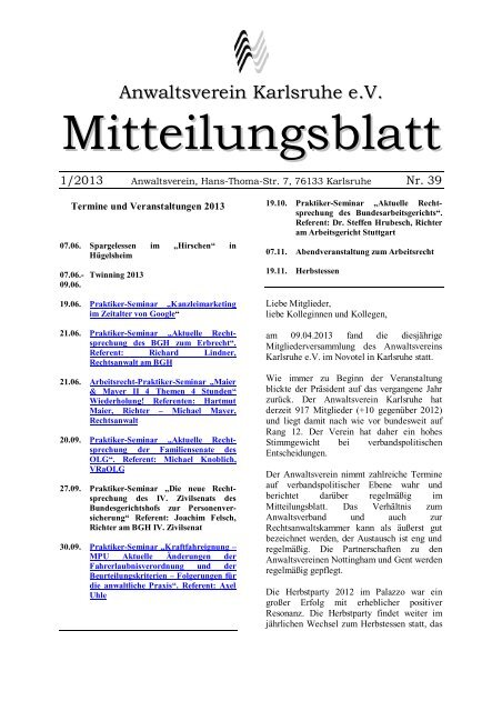 Mitteilungsblatt Nr. 39 2013/1 - Anwaltsverein Karlsruhe eV