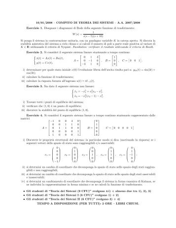 COMPITO DI TEORIA DEI SISTEMI { AA 2007/2008 Esercizio 1 ...