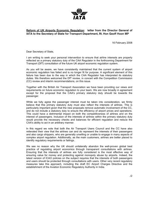 Reform of UK Airports Economic Regulation: letter from the ... - IATA