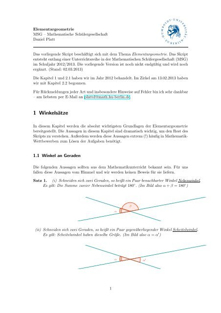 Skript zum Thema Elementargeometrie - Mathematik und ihre Didaktik