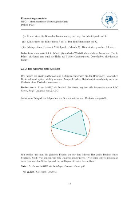 Skript zum Thema Elementargeometrie - Mathematik und ihre Didaktik